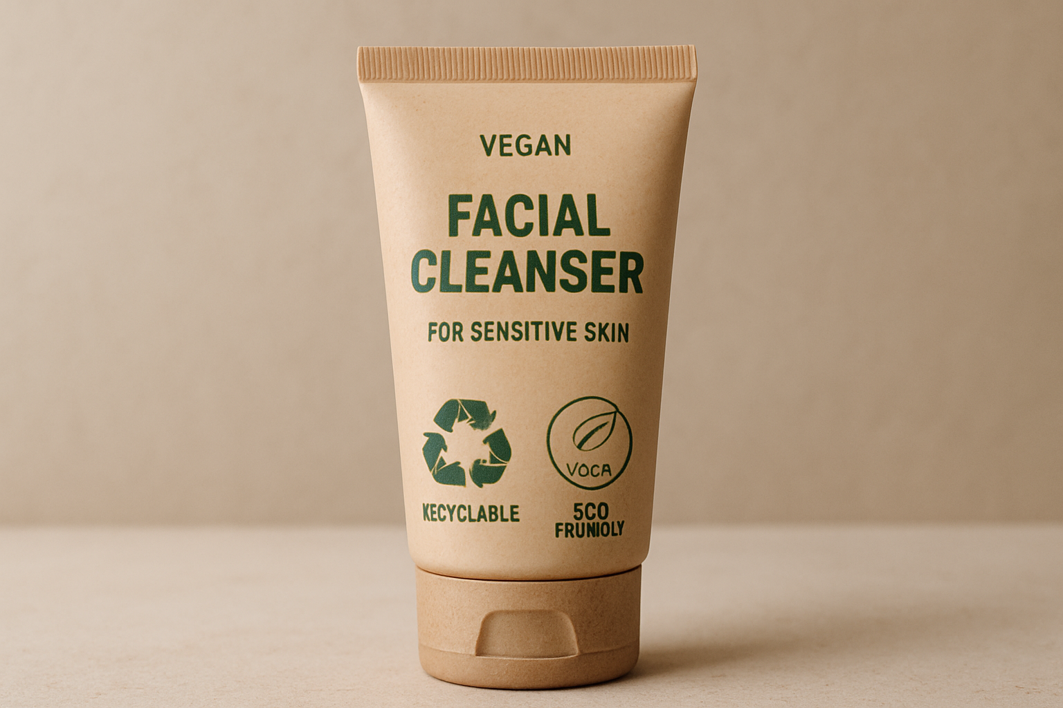Recyclable packaging of a vegan facial cleanser with eco-labels displayed prominently. Alt: Sustainable packaging for gentle vegan facial cleanser for reactive skin.