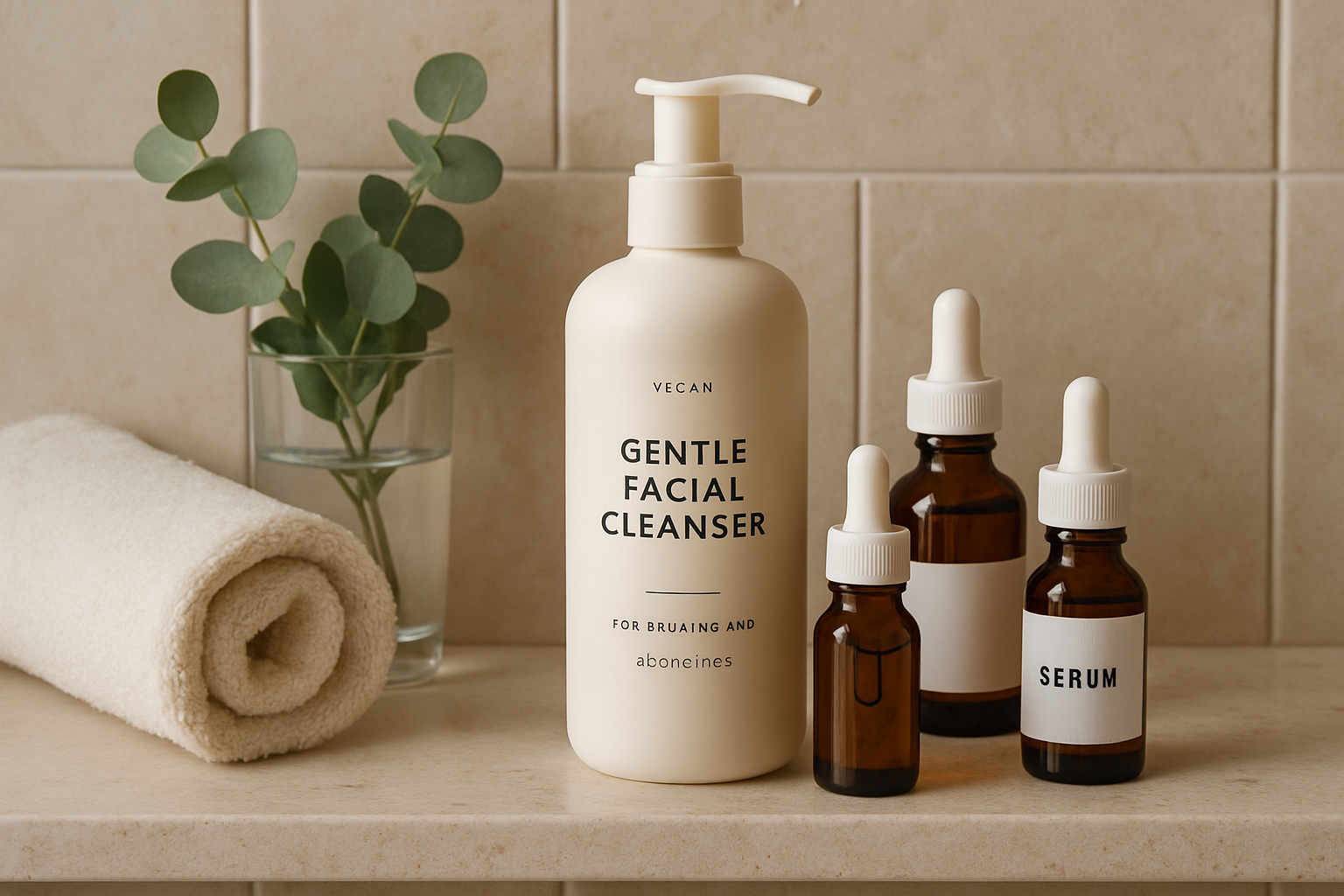 Serene bathroom shelf displaying gentle vegan skincare essentials including cleanser and serums. Alt: Gentle vegan facial cleanser for reactive skin in a natural skincare routine.