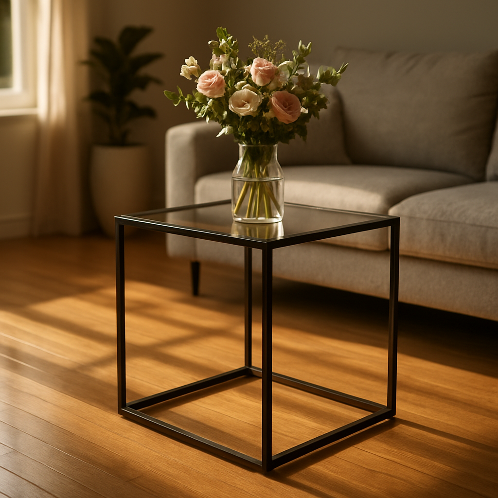 A cinematic image of a sleek, contemporary metal side table with glass top set on a polished hardwood floor, natural daylight streaming through a window, a vase of fresh flowers on the surface, in a modern living room. Alt: Sleek metal side table with glass top in modern living room.