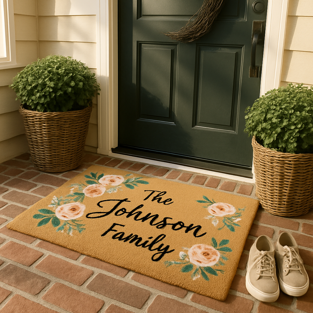 A cozy front porch scene showcasing a beautiful personalized family name doormat with floral design, welcoming a happy family home. Alt: Personalized family name doormat gift beautifully placed on a welcoming front porch.