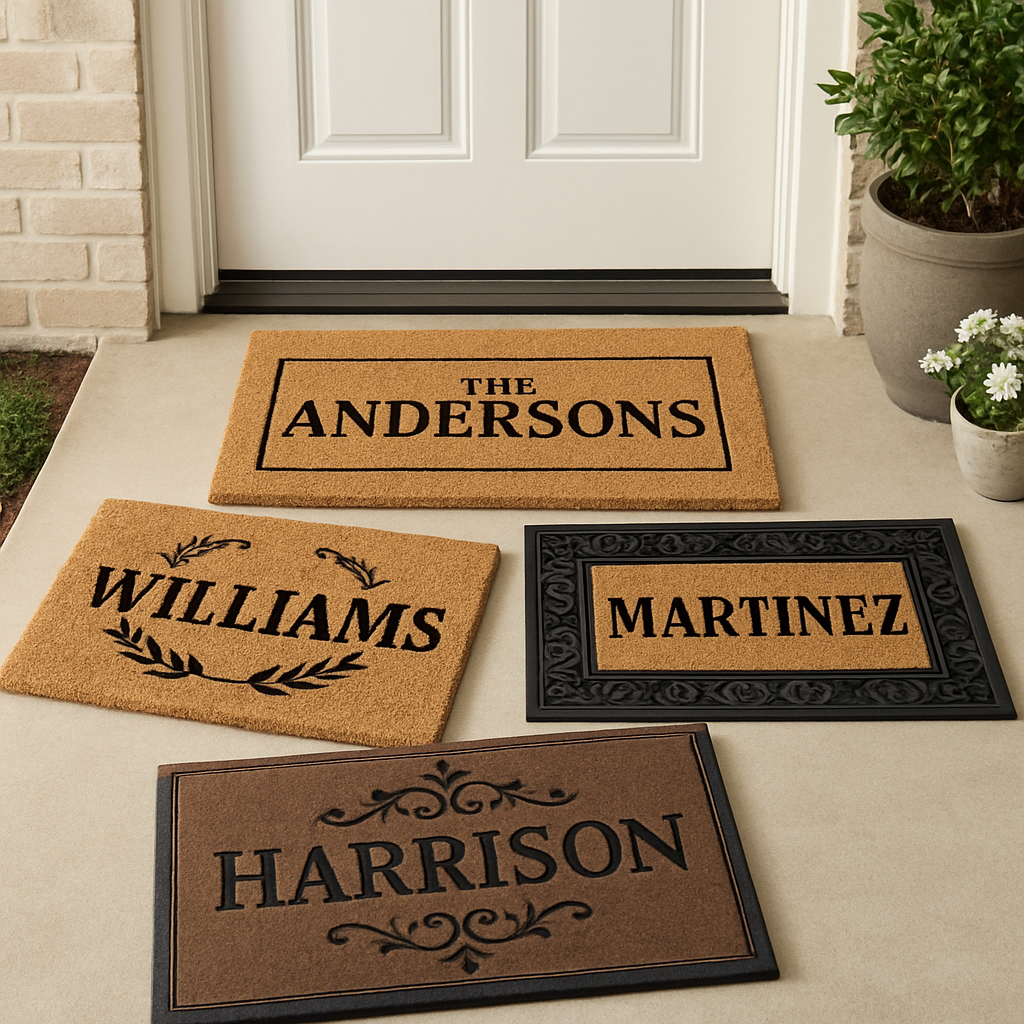 An assortment of personalized family name doormats in different materials and styles displayed at a welcoming home entrance. Alt: Various personalized family name doormats in coir, rubber, and fabric at home doorsteps.