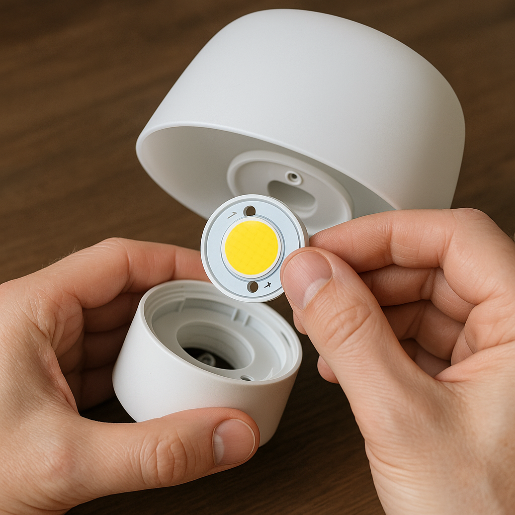 Close-up of hands changing an LED cell in a rechargeable bedside lamp. Alt: Easy replaceable LED cell for rechargeable bedside lamp UK.