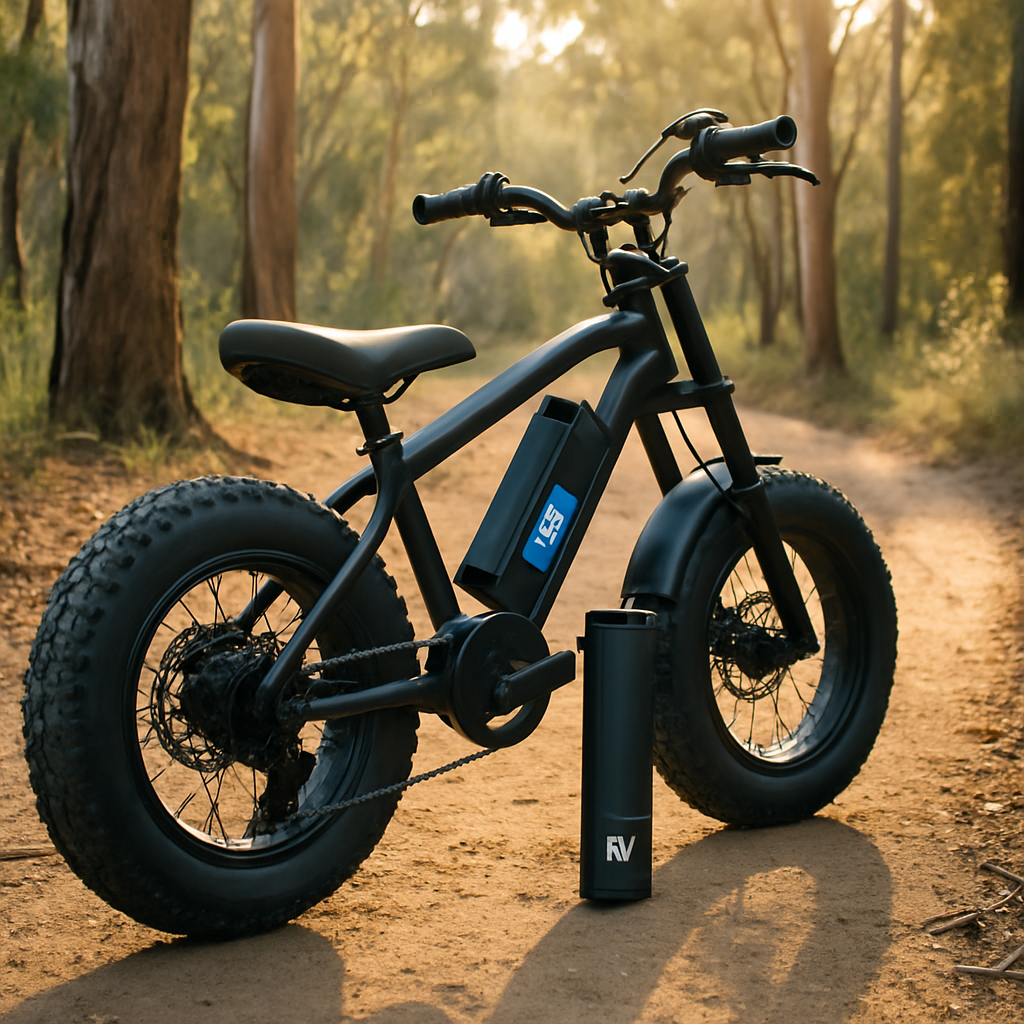 A child-friendly e‑bike on an Australian trail with the removable 48V battery visible, sunlight filtering through eucalyptus trees. Alt: 48V ebike battery safety on Aussie trails