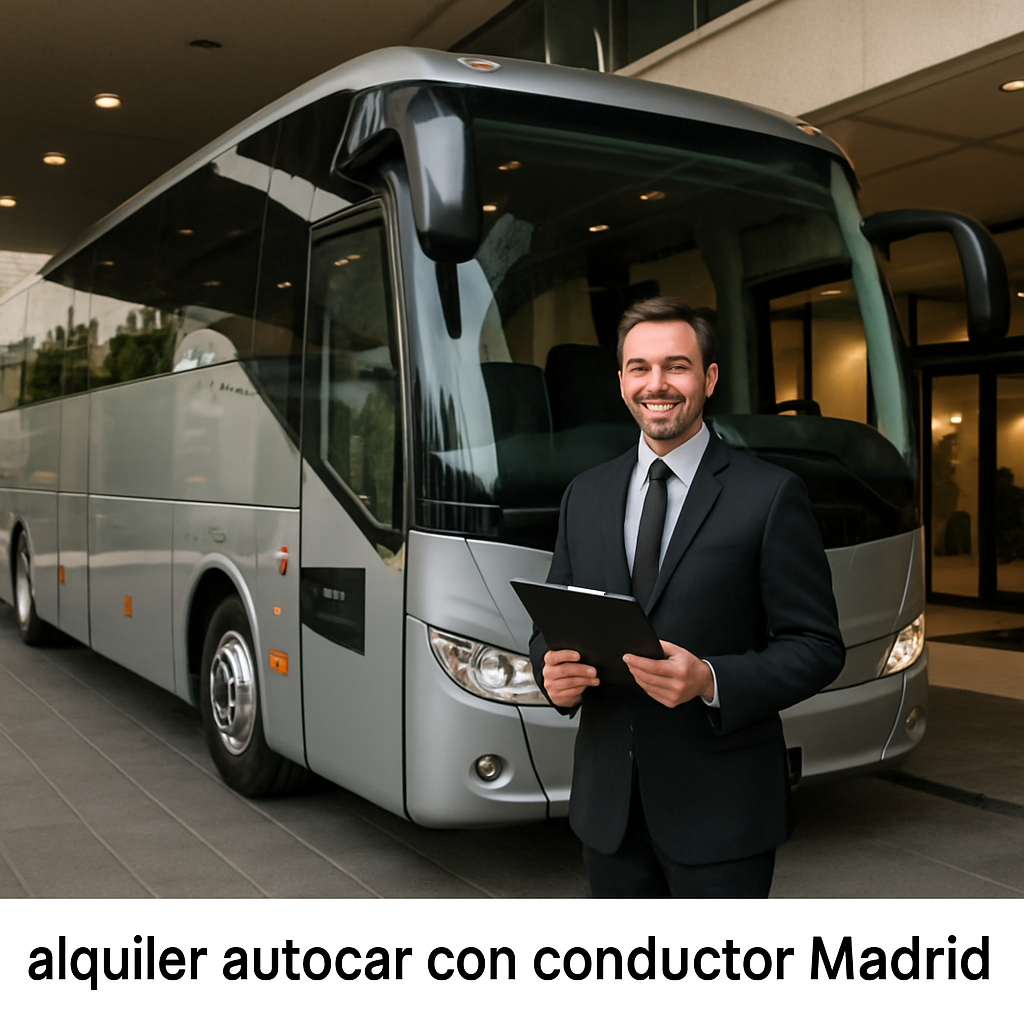 A sleek, modern coach parked at a Madrid hotel lobby with a friendly driver holding a clipboard, ready for a corporate event. Alt: alquiler autocar con conductor Madrid ready for booking