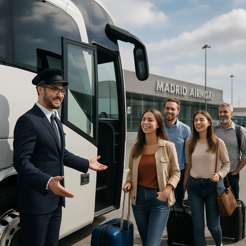A friendly professional driver in a modern coach opening the door for a group of happy passengers at a Madrid airport. Alt: alquiler autocar con conductor Madrid driver confirming logistics