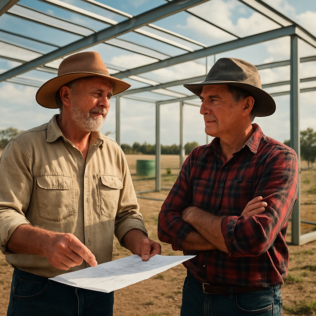 A seasoned rural builder discussing plans with a farm owner beside a steel frame under construction, Alt: barndominium builder NSW consulting on farm project