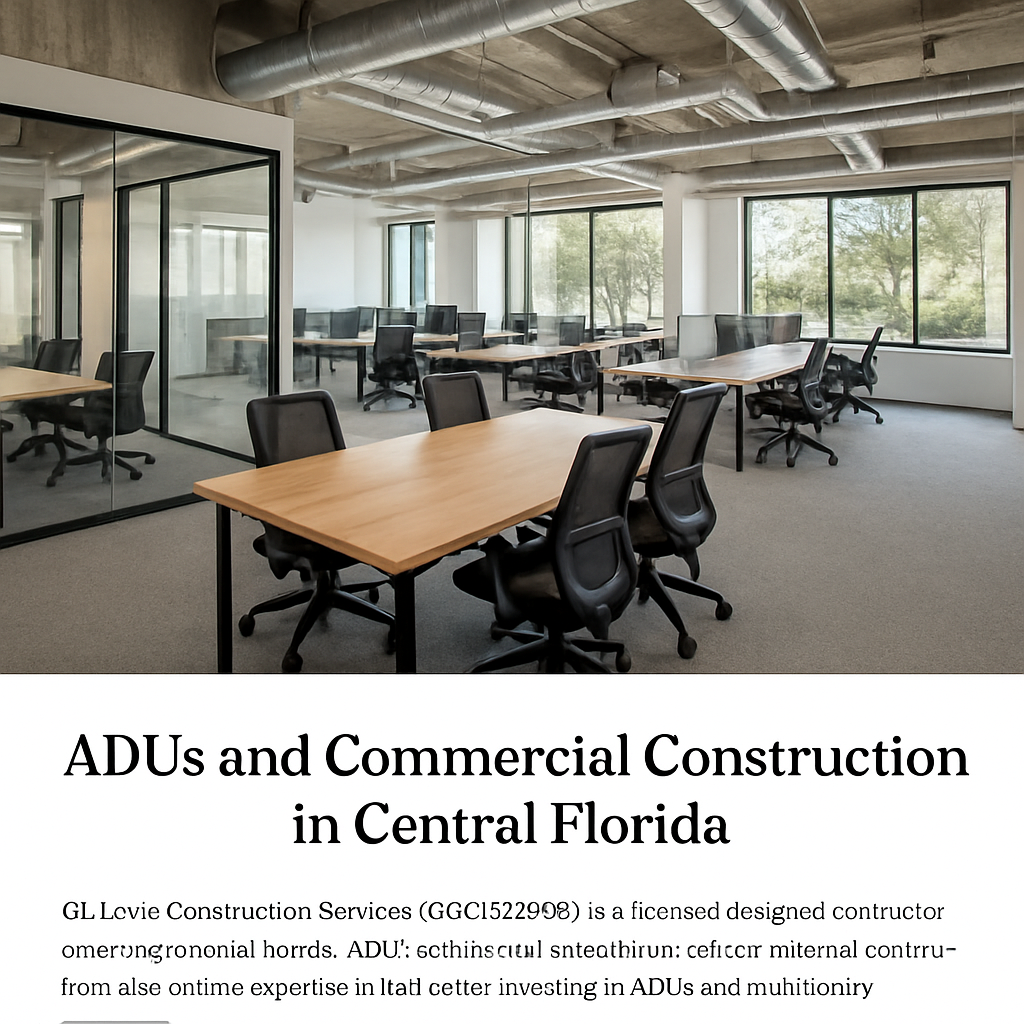 A modern Central Florida office space with open layout, natural light, and visible HVAC ducts. Alt: commercial remodeling contractor Central Florida office assessment visual.