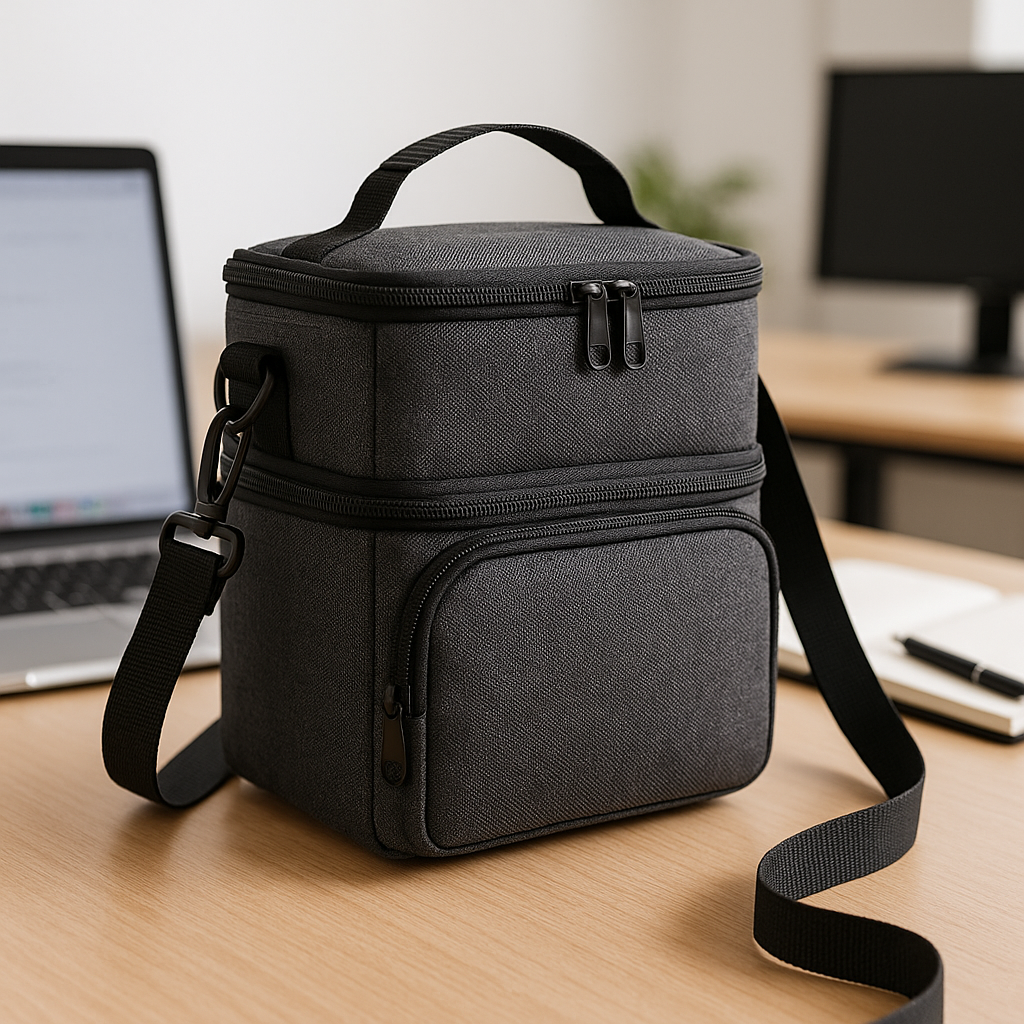 Stylish insulated lunch bag with dual compartments on a work desk. Alt: insulated lunch bag for work with dual compartments keeping food fresh