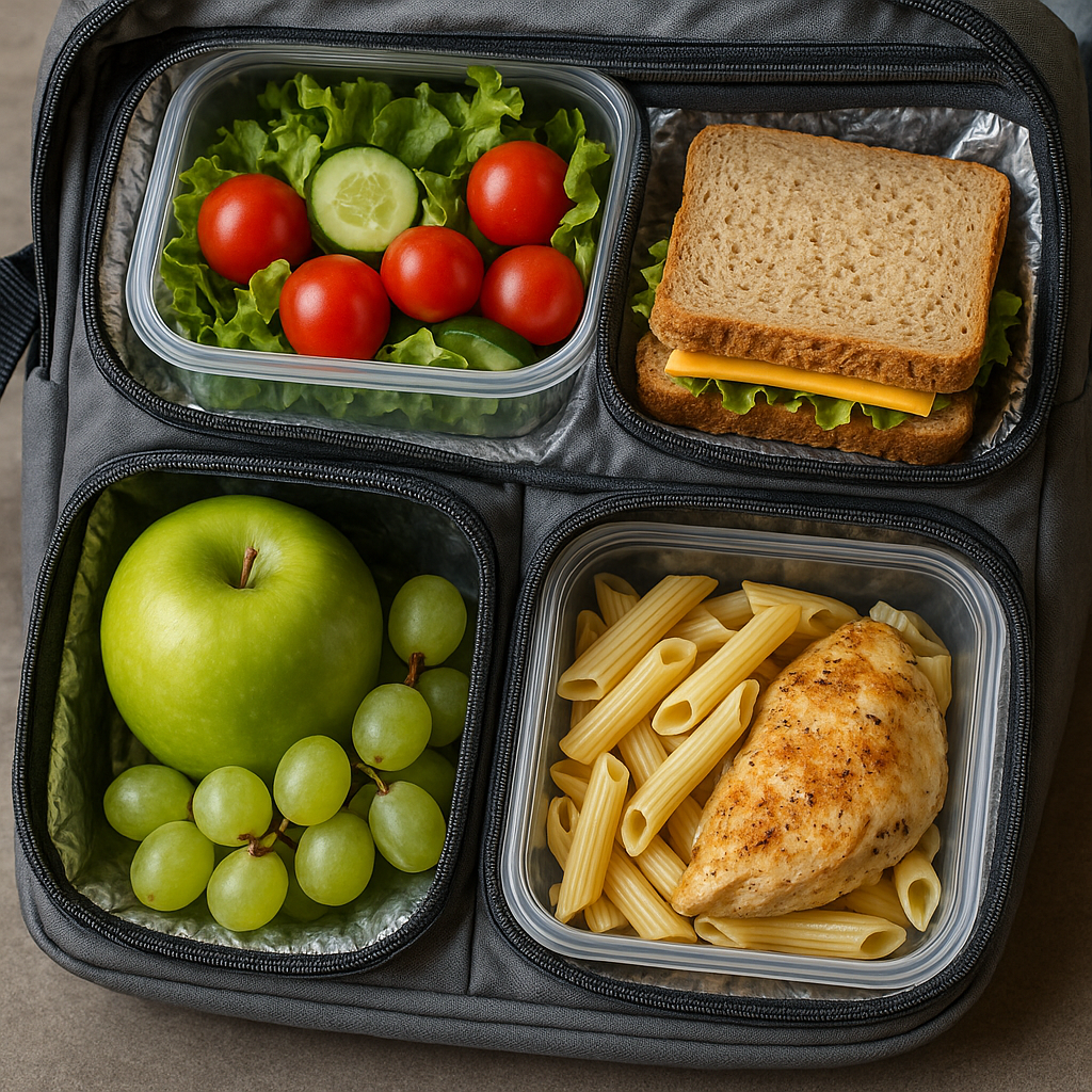 Close-up of insulated lunch bag zippered compartments with food packed neatly. Alt: insulated lunch bag for work with organized compartments preserving meal freshness