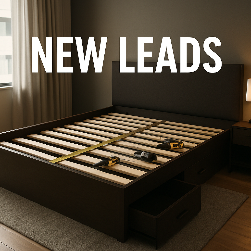 A modern bedroom with a king bed frame with sleek storage drawers, showing measuring tape and tools laid out. Alt: Measuring and installing a king bed frame with storage drawers