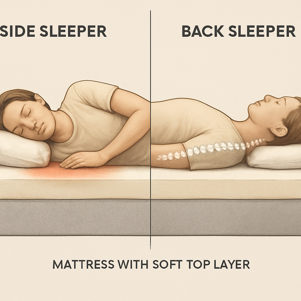 A split‑view diagram showing a side sleeper’s shoulder and hip on a mattress with a soft top layer, and a back sleeper’s spine in neutral alignment on the same mattress. Alt: Mattress for side and back sleepers pressure distribution guide.