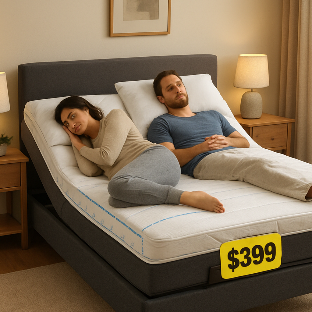 A cozy bedroom scene showing a couple on an adjustable electric bed with a medium‑firm mattress, one side sleeping on their side and the other on their back, highlighting zoned support and a budget‑friendly price tag. Alt: budget‑friendly mattress for side and back sleepers with adjustable base.