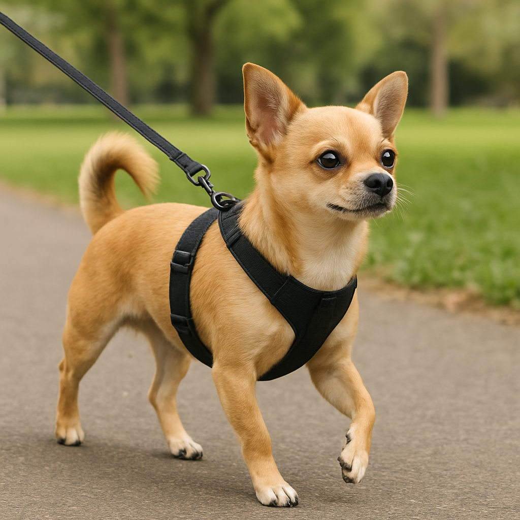 A small dog wearing a no‑pull harness while walking in a park. Alt: Small dog wearing harness in a park
