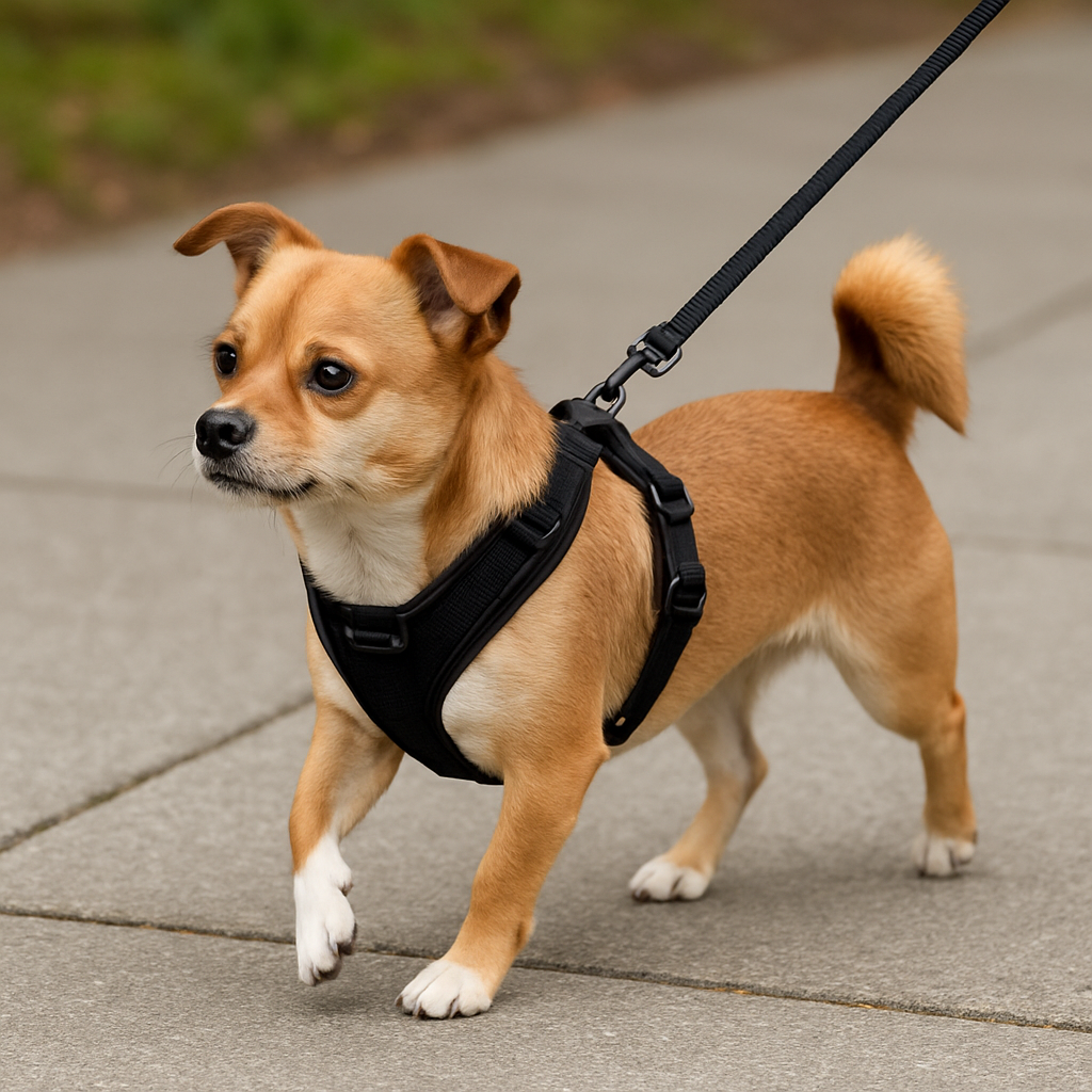 A small dog wearing a no‑pull harness walking on a sidewalk with a calm leash. Alt: Small dog wearing a no pull harness for small dogs