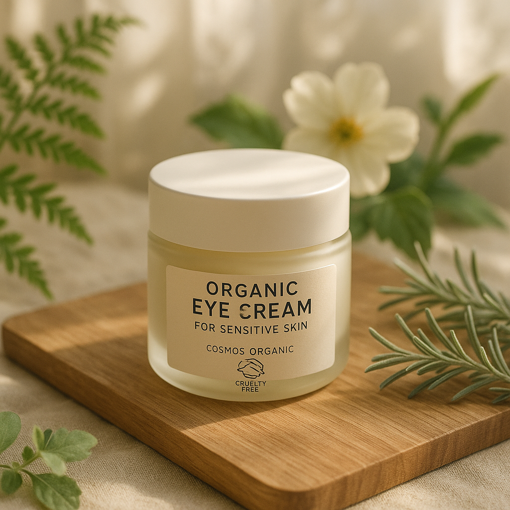 A delicate, eco-friendly organic eye cream jar on a wooden board surrounded by calming botanicals and soft natural light. Alt: COSMOS certified organic eye cream for sensitive skin in cruelty-free packaging.