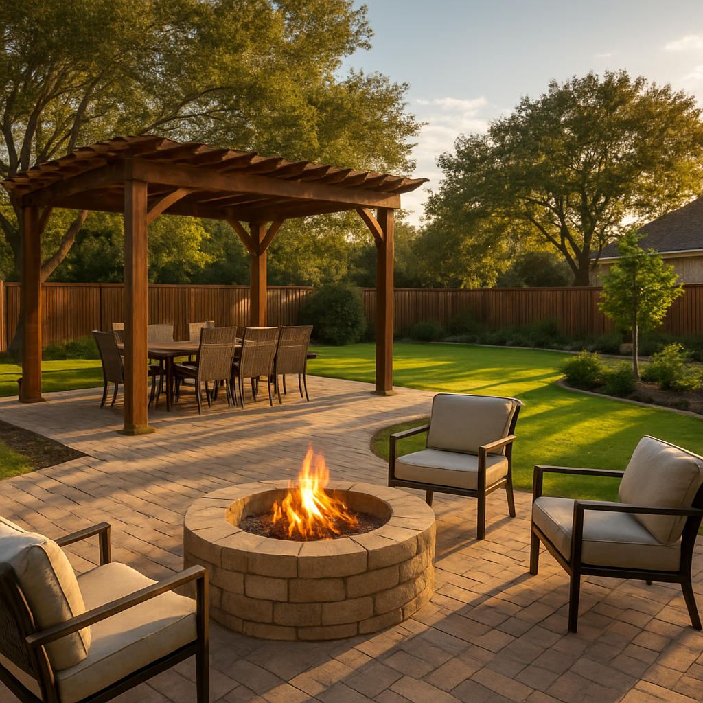 A spacious Flower Mound backyard with a paver patio, pergola, and fire pit, bathed in late‑afternoon light. Alt: Outdoor living space design ideas for Flower Mound TX.