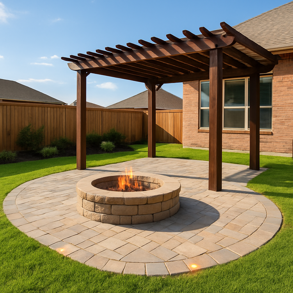 A sunny Flower Mound backyard showing a newly installed paver patio with a built‑in fire pit, low‑voltage LED lighting, and a shaded pergola. Alt: Budget‑friendly outdoor living project with clear cost breakdowns.