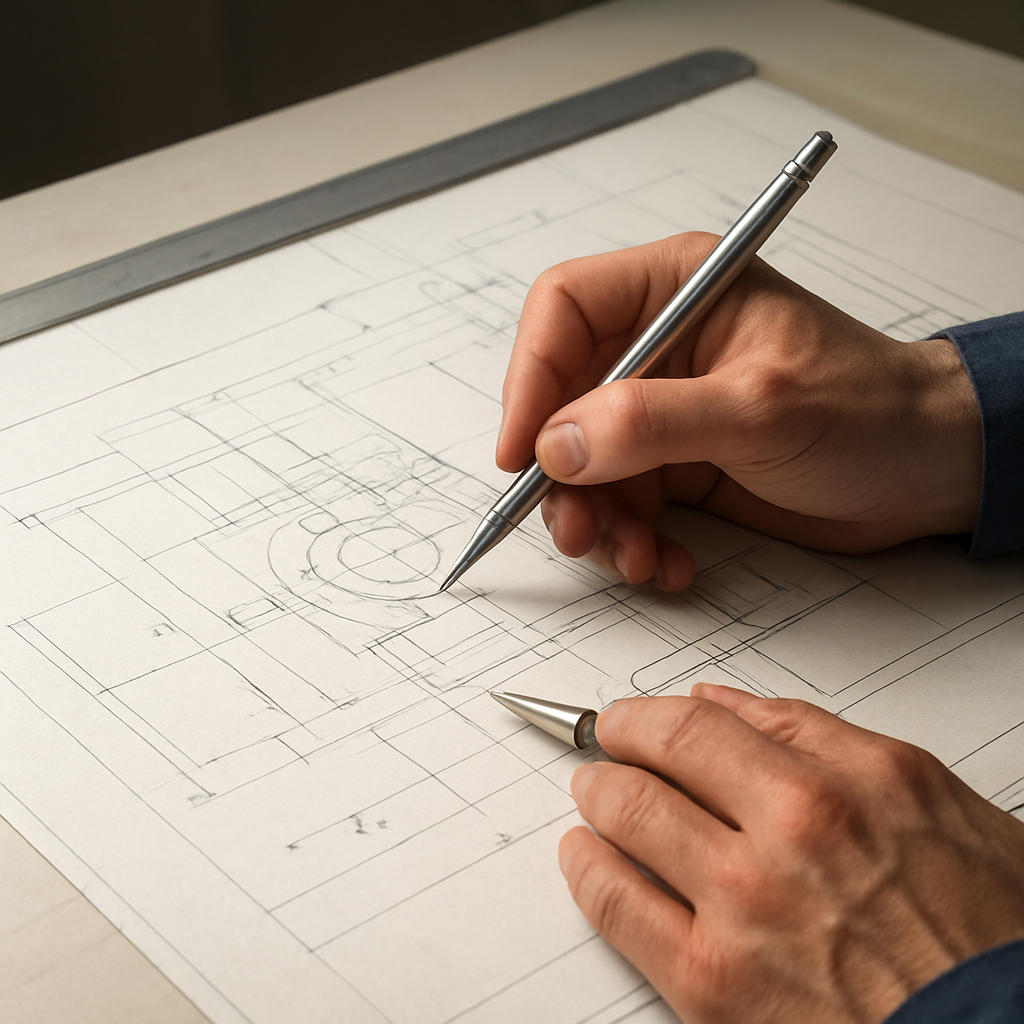 A technician holding a mechanical pencil and a lead holder, with a technical drawing spread out on a drafting table. Alt: Technical drawing pencils in action.