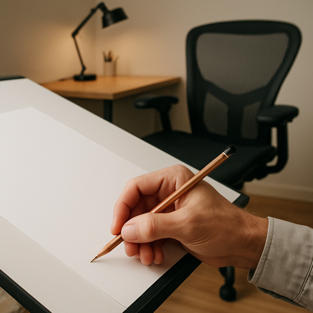 A hand holding a wood‑case graphite pencil on a drafting table with a comfortable ergonomic chair and desk setup. Alt: Ergonomic drawing setup for technical drawing