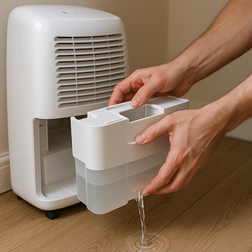 Close up of hands emptying water tank of a portable dehumidifier in UK home. Alt: Portable dehumidifier UK water tank maintenance.