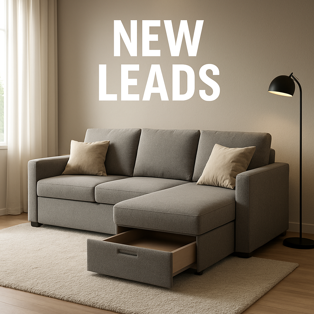 A bright, modern living room featuring a sofa bed with chaise and hidden storage drawers, a plush rug, a sleek floor lamp, and a few decorative pillows. Alt: stylish sofa bed with chaise and storage styled in a contemporary living room.