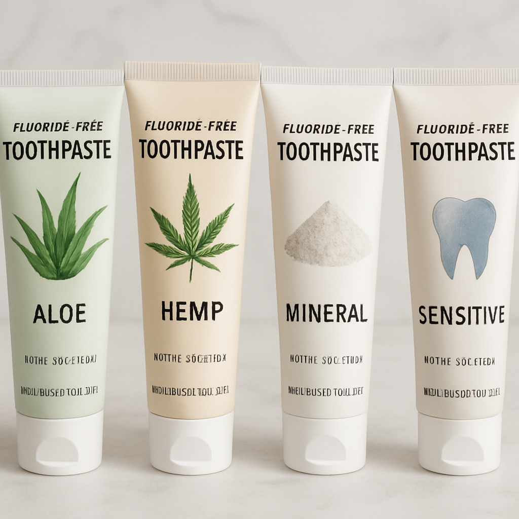 A close‑up of various fluoride‑free toothpaste tubes arranged on a marble countertop, showing natural ingredients like aloe, hemp, and mineral powders. Alt: comparison of fluoride‑free toothpaste for sensitive teeth