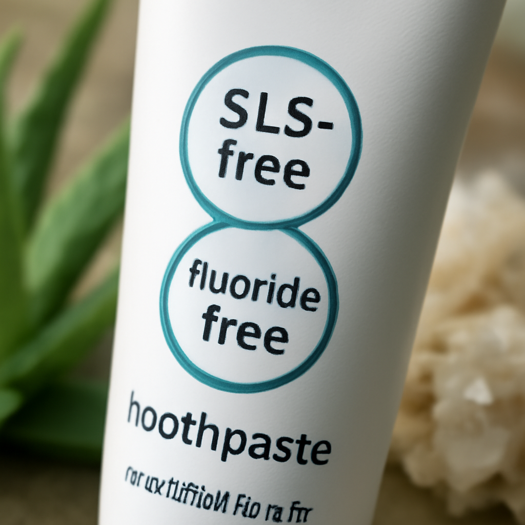 A close‑up of a toothpaste tube label highlighting “SLS‑free” and “fluoride‑free” badges, with a soft, natural background of aloe leaves and mineral crystals. Alt: toothpaste without sodium lauryl sulfate and fluoride label details