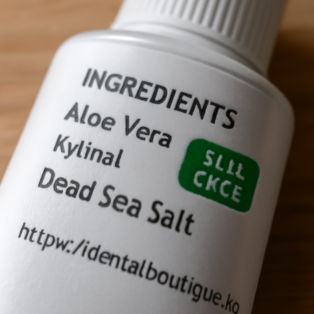 Close‑up of a toothpaste tube with the ingredient list highlighted, showing “SLS‑Free” and “Fluoride‑Free” badges next to natural ingredients like aloe vera, xylitol, and Dead Sea salt. Alt: Reading toothpaste label to spot hidden SLS and fluoride ingredients.