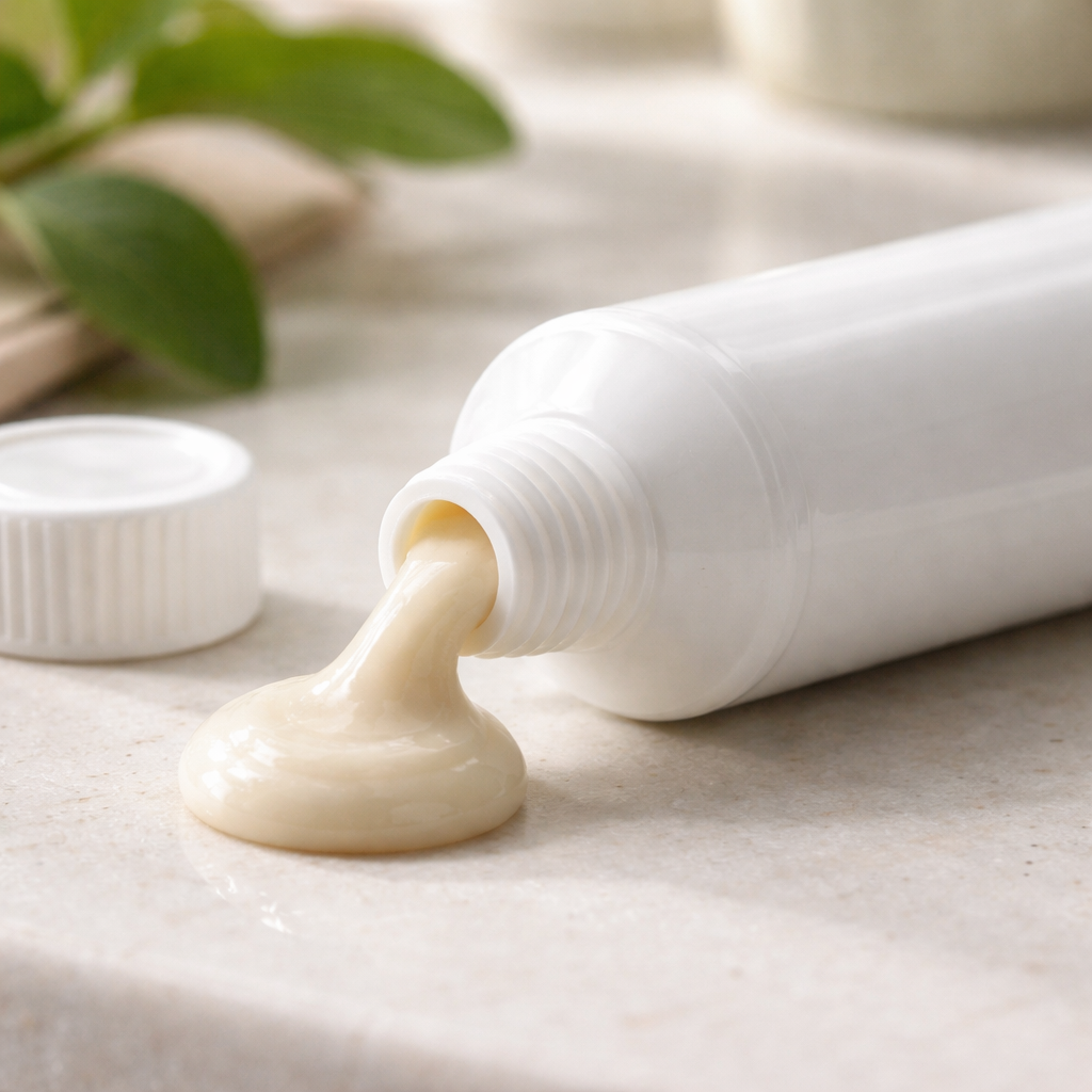 A photorealistic close‑up of a white toothpaste tube opened to reveal a pale, naturally colored paste without synthetic pigments, placed on a bathroom counter beside a plant, soft natural lighting, emphasizing the clean, gentle texture of the product. Alt: toothpaste without titanium dioxide showing natural ingredients.