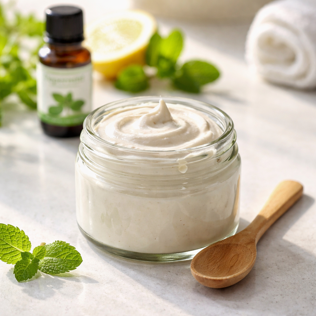 A photorealistic close‑up of a small glass jar filled with creamy, off‑white toothpaste, a wooden spoon beside it, and a few drops of peppermint essential oil on the rim, set on a clean bathroom countertop with natural morning light. Alt: DIY toothpaste without titanium dioxide, natural ingredients, home‑made oral care.