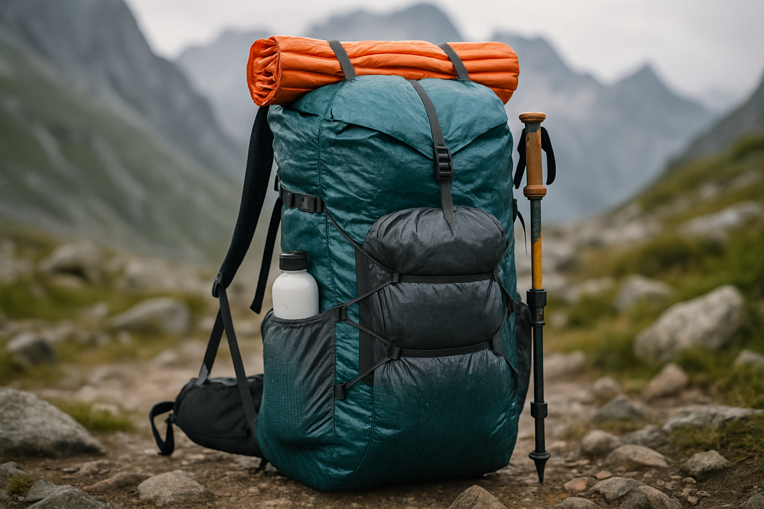 An ultralight waterproof hiking backpack equipped for a multi-day trek in mountain terrain. Alt: lightweight waterproof hiking backpack loaded for trekking