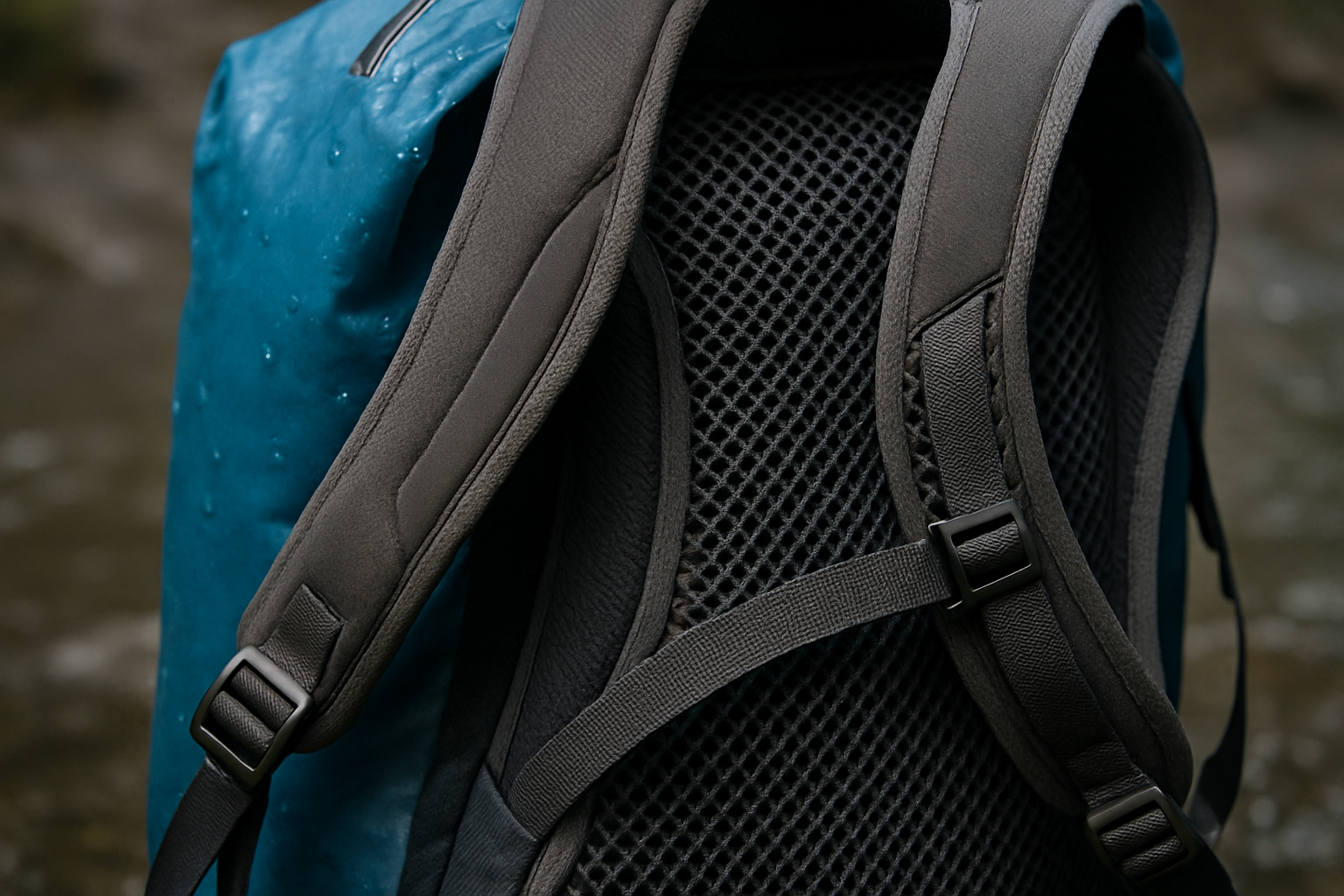 Close-up on the ergonomic straps and breathable mesh back panel of a lightweight waterproof hiking backpack. Alt: lightweight waterproof hiking backpack ergonomic comfort design