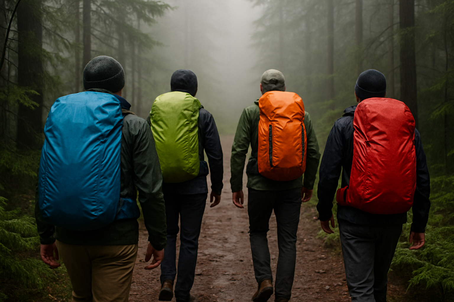 A group of hikers carrying various models of lightweight waterproof hiking backpacks in a misty forest. Alt: lightweight waterproof hiking backpack trail group