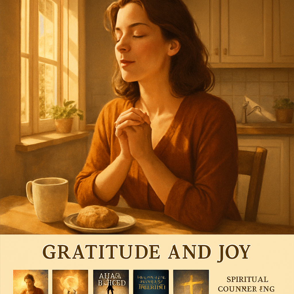 A woman sitting at a sunny kitchen table, eyes closed, lips moving in a whispered gratitude prayer, soft morning light bathing the scene. Alt: Christian affirmations for women gratitude and joy illustration.