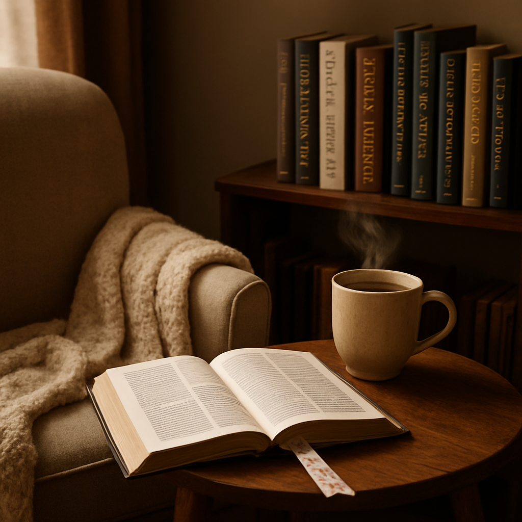 A cozy living room nook with a soft armchair, a warm blanket, a steaming cup of tea on a side table, and an open Christian book with a delicate floral bookmark. Alt: Inspirational Christian books for women in a peaceful reading setting.