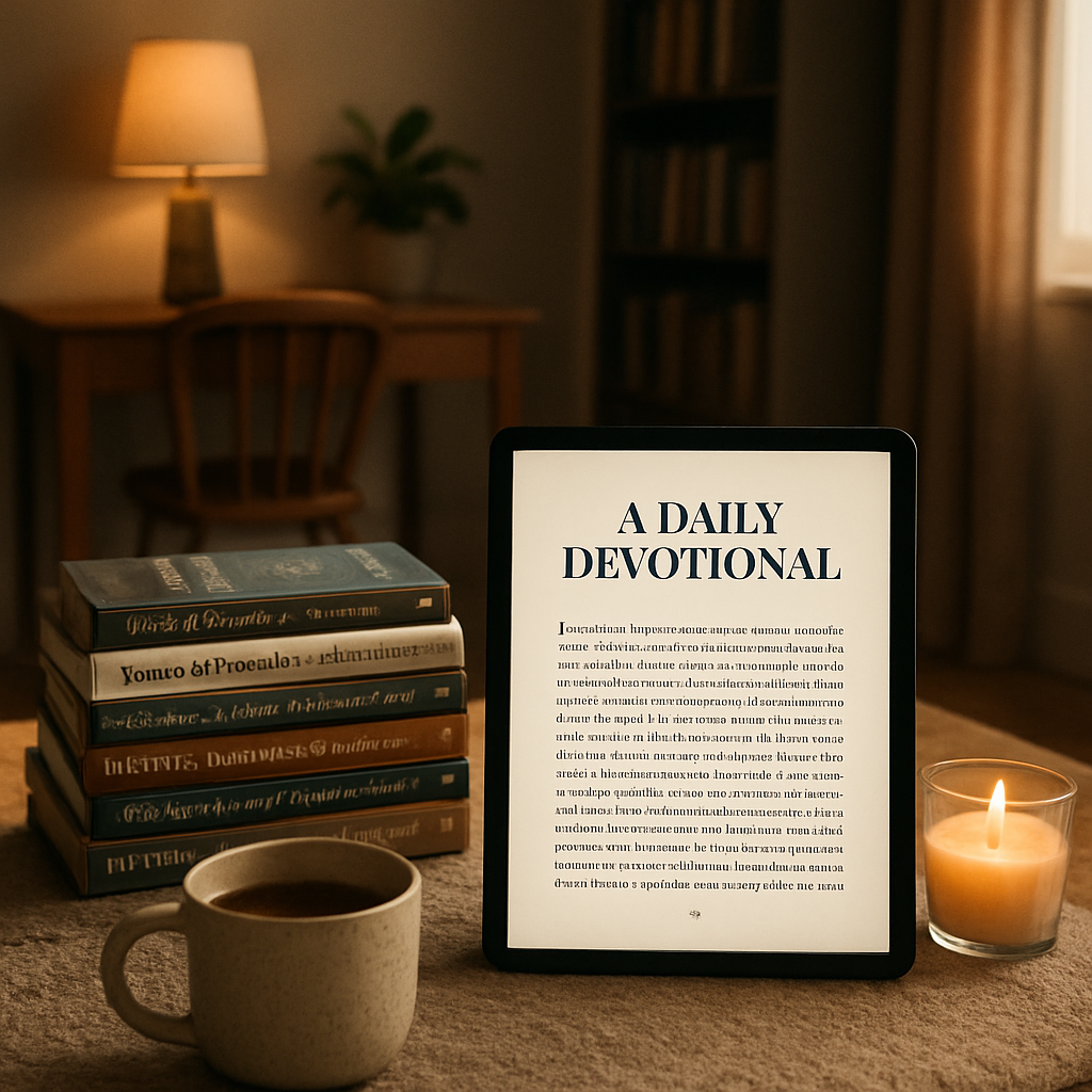 A cozy home office with a soft rug, a steaming mug of tea, an open e‑book on a tablet displaying a Christian devotional, and a small candle flickering beside it. Alt: Practical Christian books for women used in daily life.