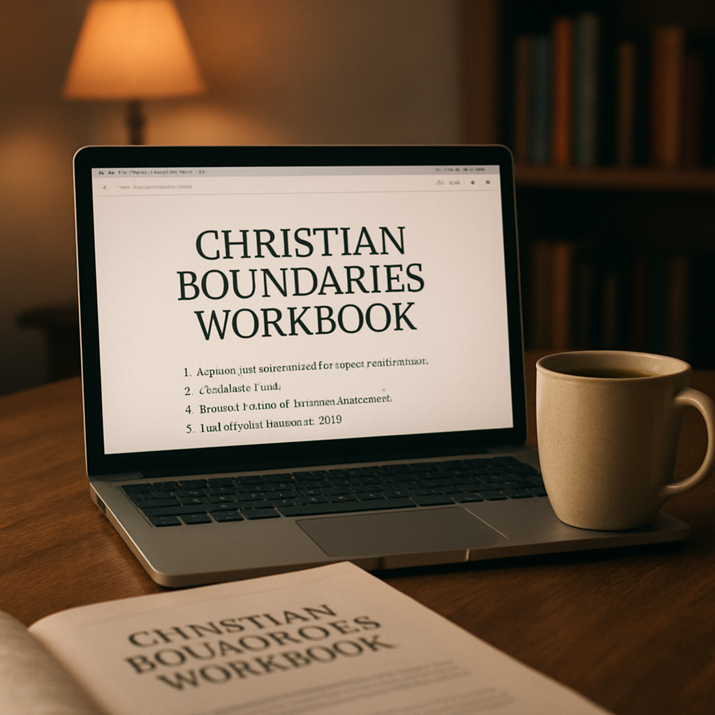 A calm study space with a printed Christian boundaries workbook PDF open next to a coffee mug. Alt: Christian boundaries workbook PDF example