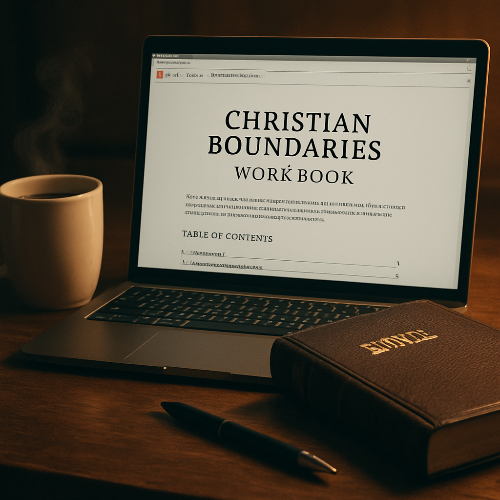 A cozy study table with a printed christian boundaries workbook pdf open beside a steaming mug of coffee, a Bible, and a pen. Alt: Christian boundaries workbook PDF study setup