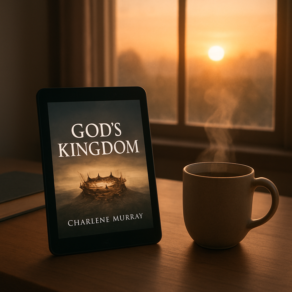 A serene workspace with a tablet displaying a Christian ebook, a steaming mug of tea, and a soft glow of sunrise through a window. Alt: Christian ebook reading in a peaceful morning setting.