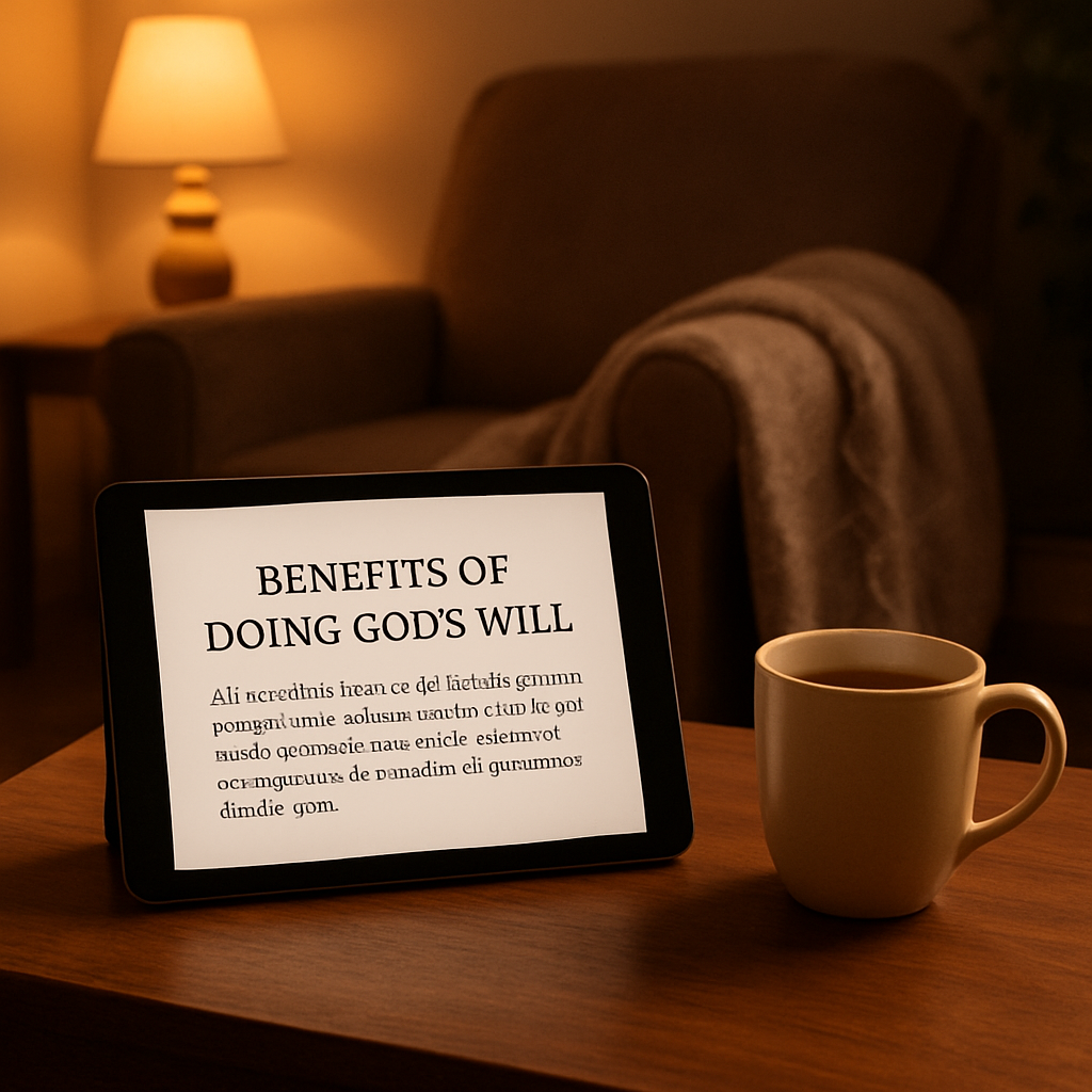A cozy living room with a tablet open to a Christian ebook, a steaming mug of tea, and a soft blanket draped over a chair. Alt: Person reading a Christian ebook for personal growth in a comfortable setting.