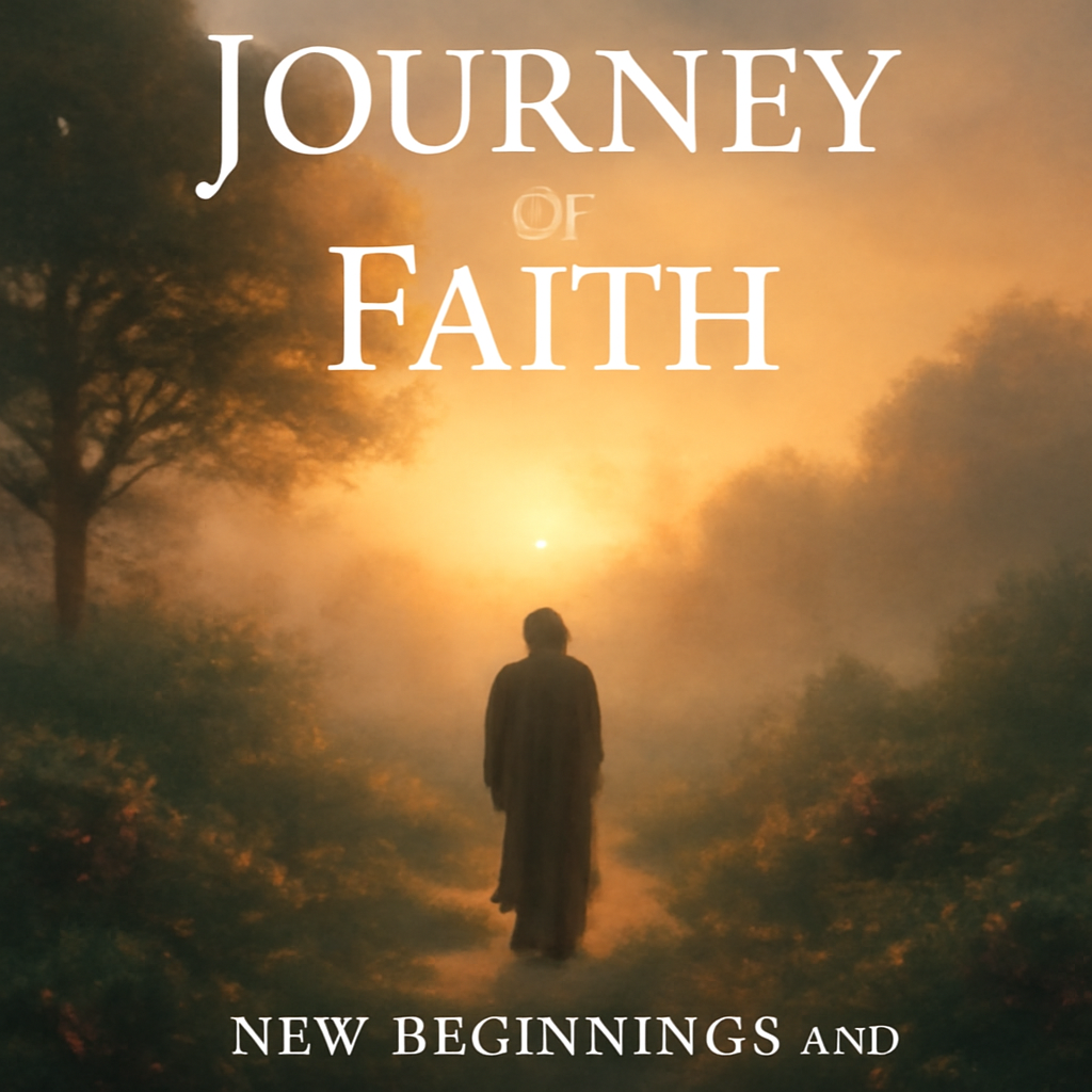 A serene sunrise over a misty garden, symbolizing new beginnings and spiritual renewal. Alt: Adam journey of faith free ebook cover.