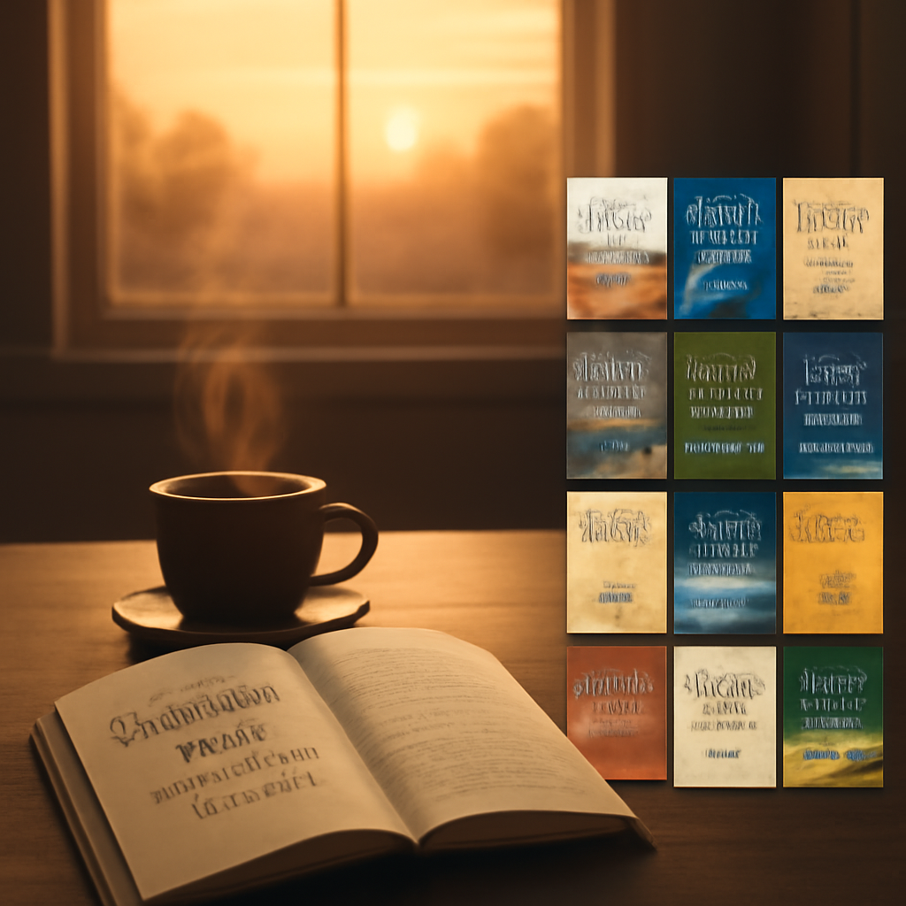 A peaceful sunrise over a quiet kitchen table with an open eBook titled “Spiritual Food – Nourish Your Soul” beside a steaming cup of coffee. Alt: Free Christian eBook spiritual food nourishment.