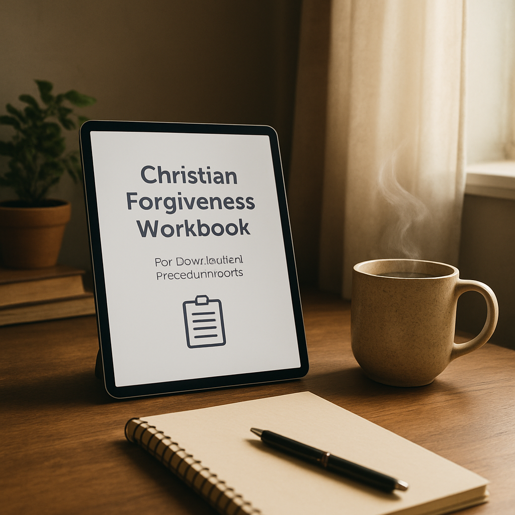 A peaceful home office scene with a tablet displaying the Christian forgiveness workbook PDF, a steaming mug, and a soft window light. Alt: Christian forgiveness workbook PDF download and preparation guide