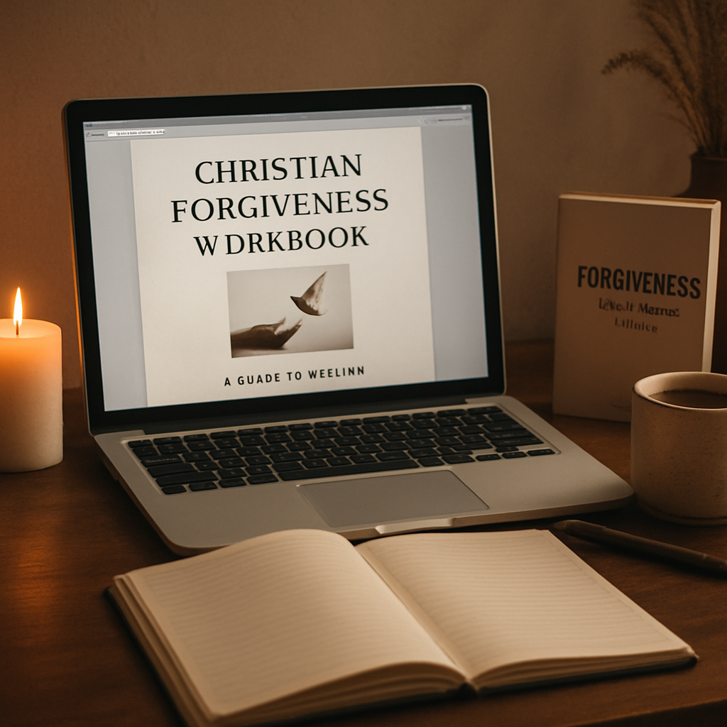 A peaceful study space with a laptop open to a christian forgiveness workbook pdf, a journal, a candle, and a cup of tea. Alt: Christian forgiveness workbook pdf journaling and prayer setup
