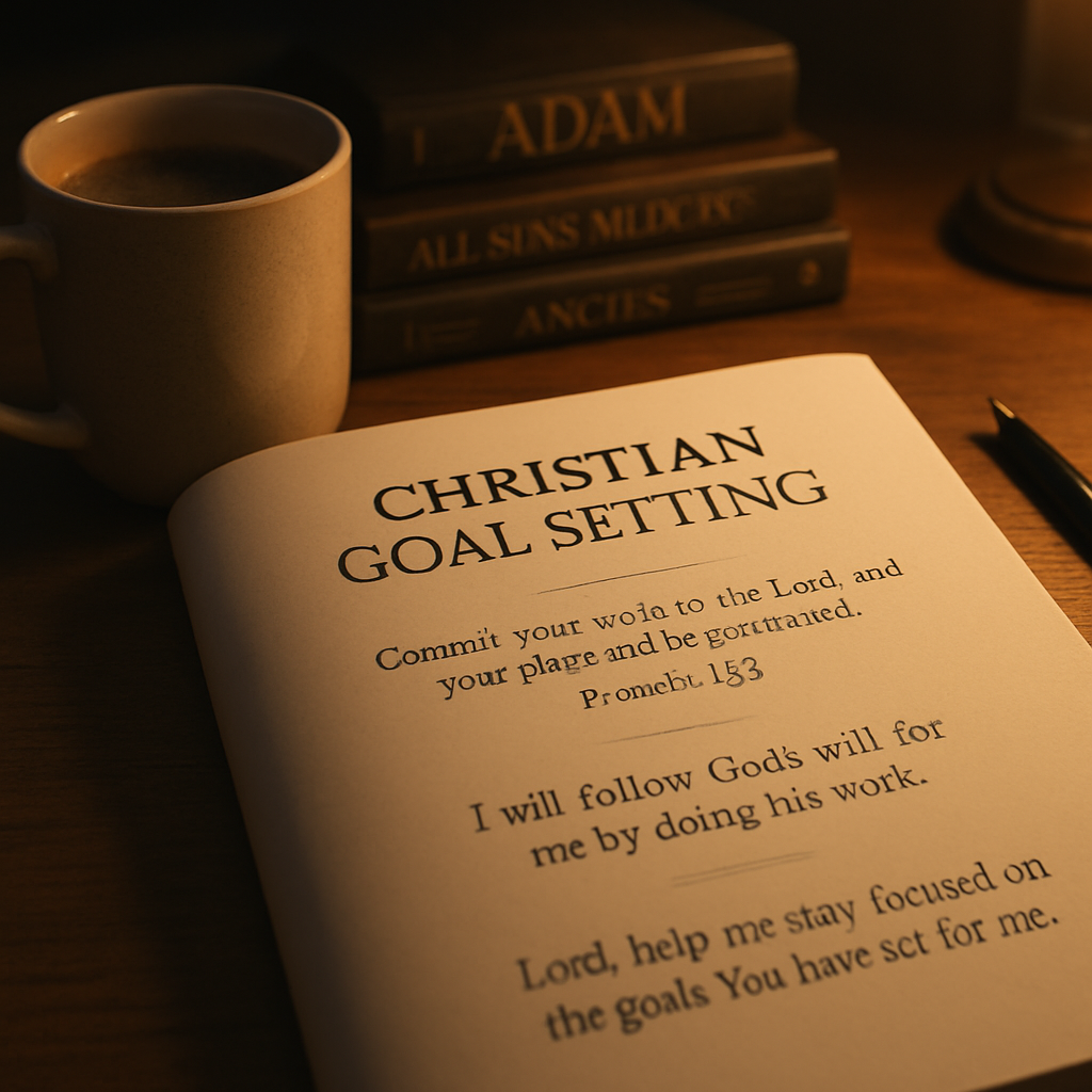 A warm, inviting desk scene with a coffee mug, an open Christian goal setting workbook PDF page displaying a verse, a goal statement, and a prayer prompt. Alt: Christian goal setting workbook PDF with scripture-based goals and prayer notes.