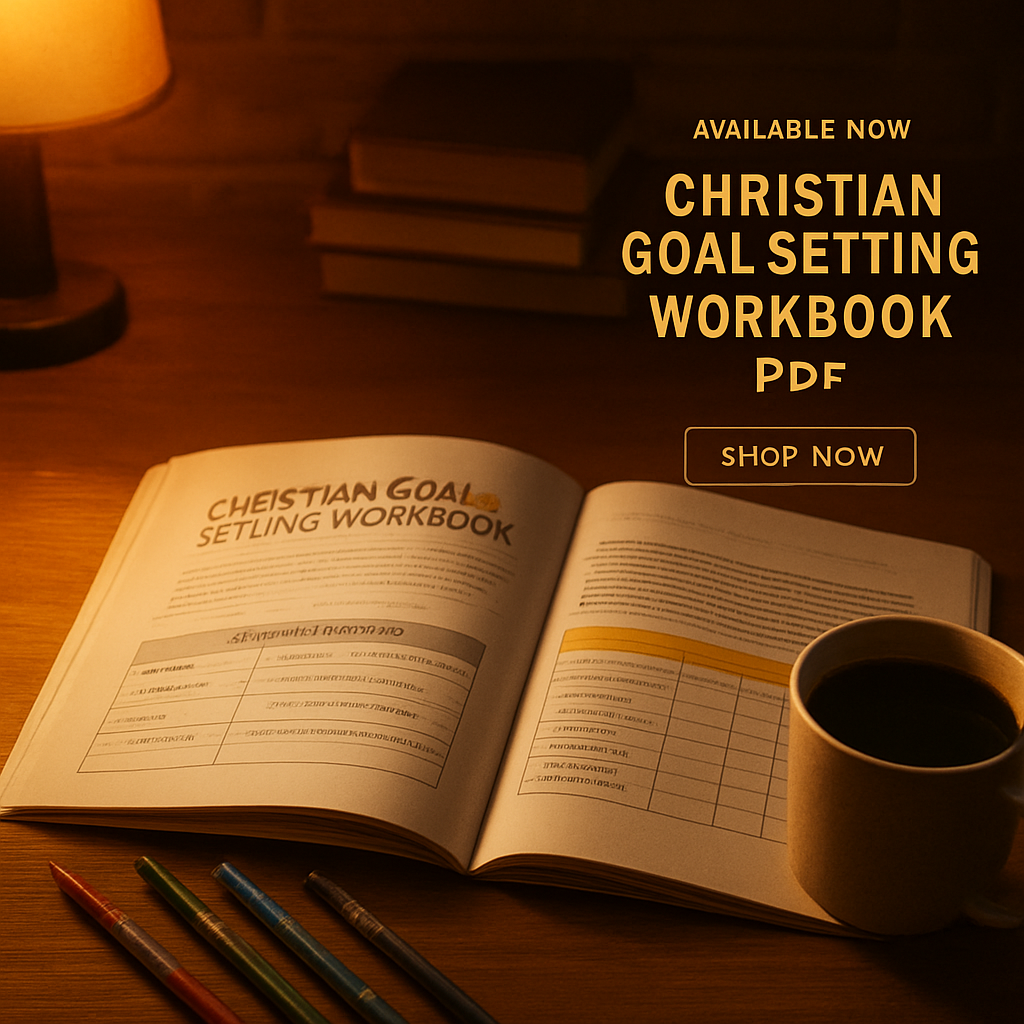 A warm, cozy desk with an open christian goal setting workbook pdf, colored pens, a coffee mug, and a highlighted spiritual metrics table. Alt: christian goal setting workbook pdf with spiritual metrics tracking page