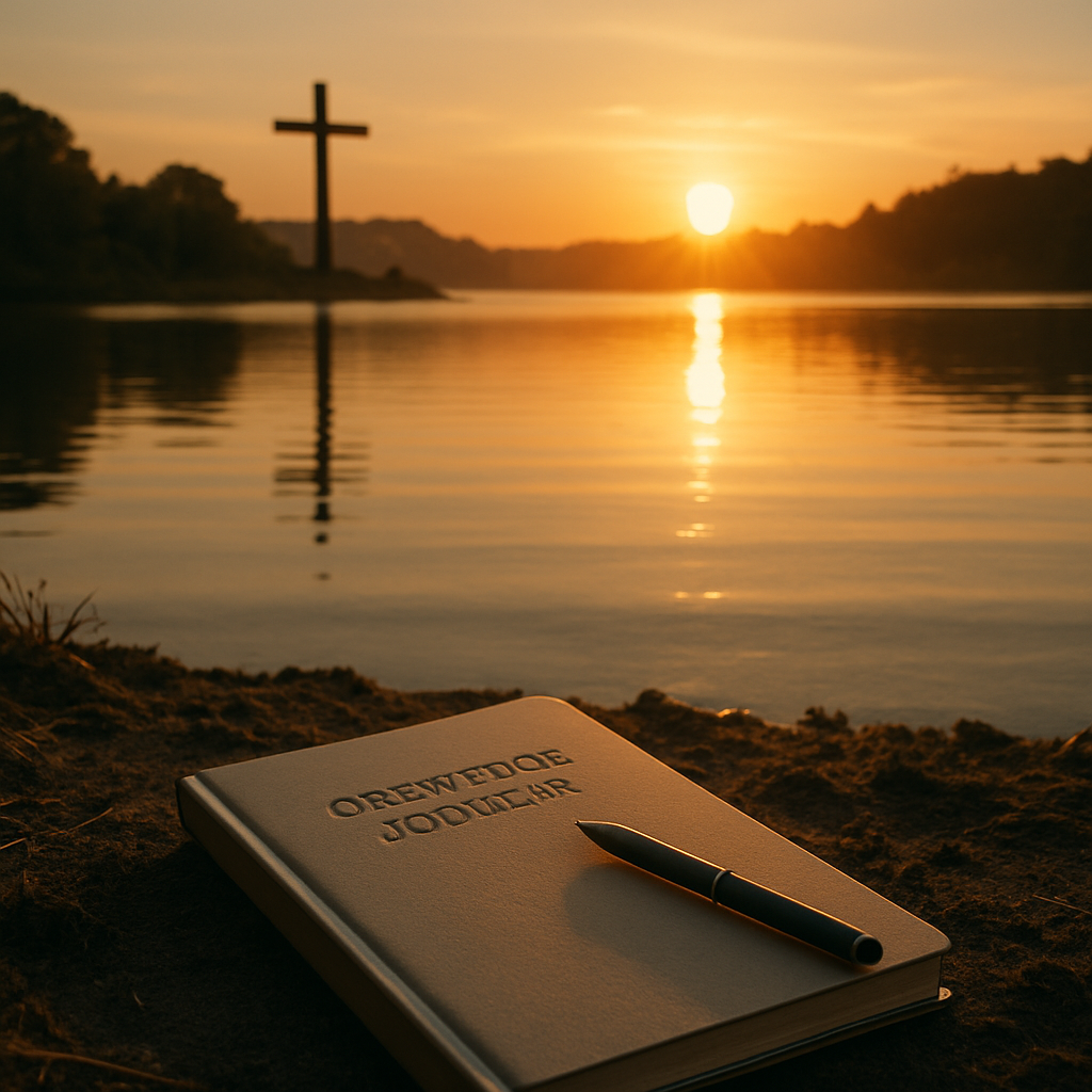 A peaceful sunrise over a calm lake, with a journal and a pen resting on the shore. Alt: Christian gratitude sunrise journal prompt illustration