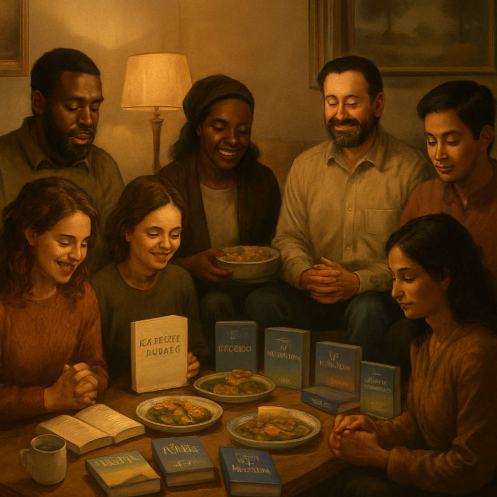 A warm group of diverse believers sharing a meal in a cozy living room, Alt: Christian community gratitude journal illustration