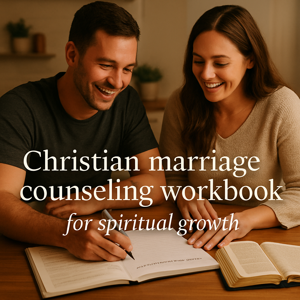 A couple sitting together at a kitchen table, smiling as they write in a christian marriage counseling workbook pdf, with a Bible open nearby. Alt: Christian marriage counseling workbook pdf used by a couple for spiritual growth