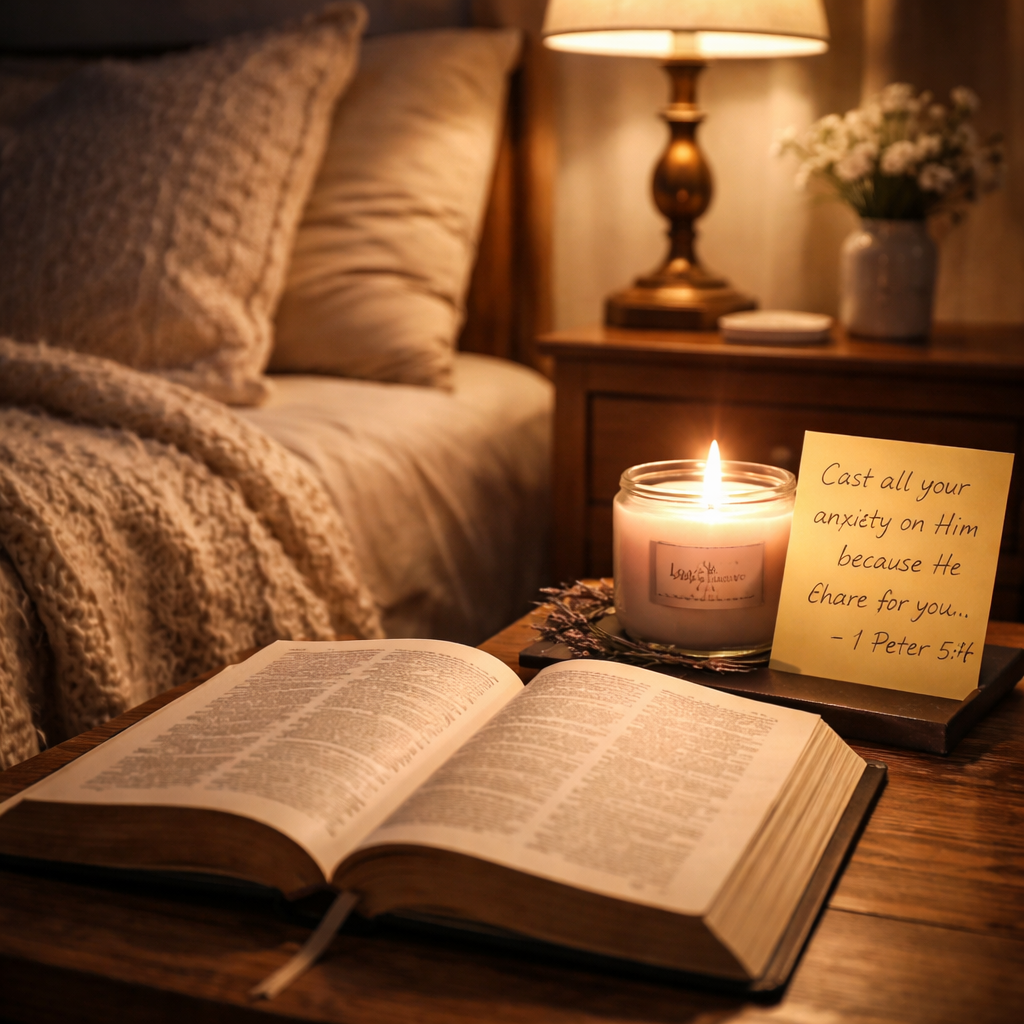 A cinematic, photorealistic scene of a cozy bedroom at night, soft lamplight casting warm shadows, a plush cushion beside a bedside table with an open Bible, a lavender-scented candle flickering, and a sticky note with a Scripture verse, evoking a serene atmosphere for Christian meditation before sleep. Alt: Calm bedtime setting for Christian meditation for sleep